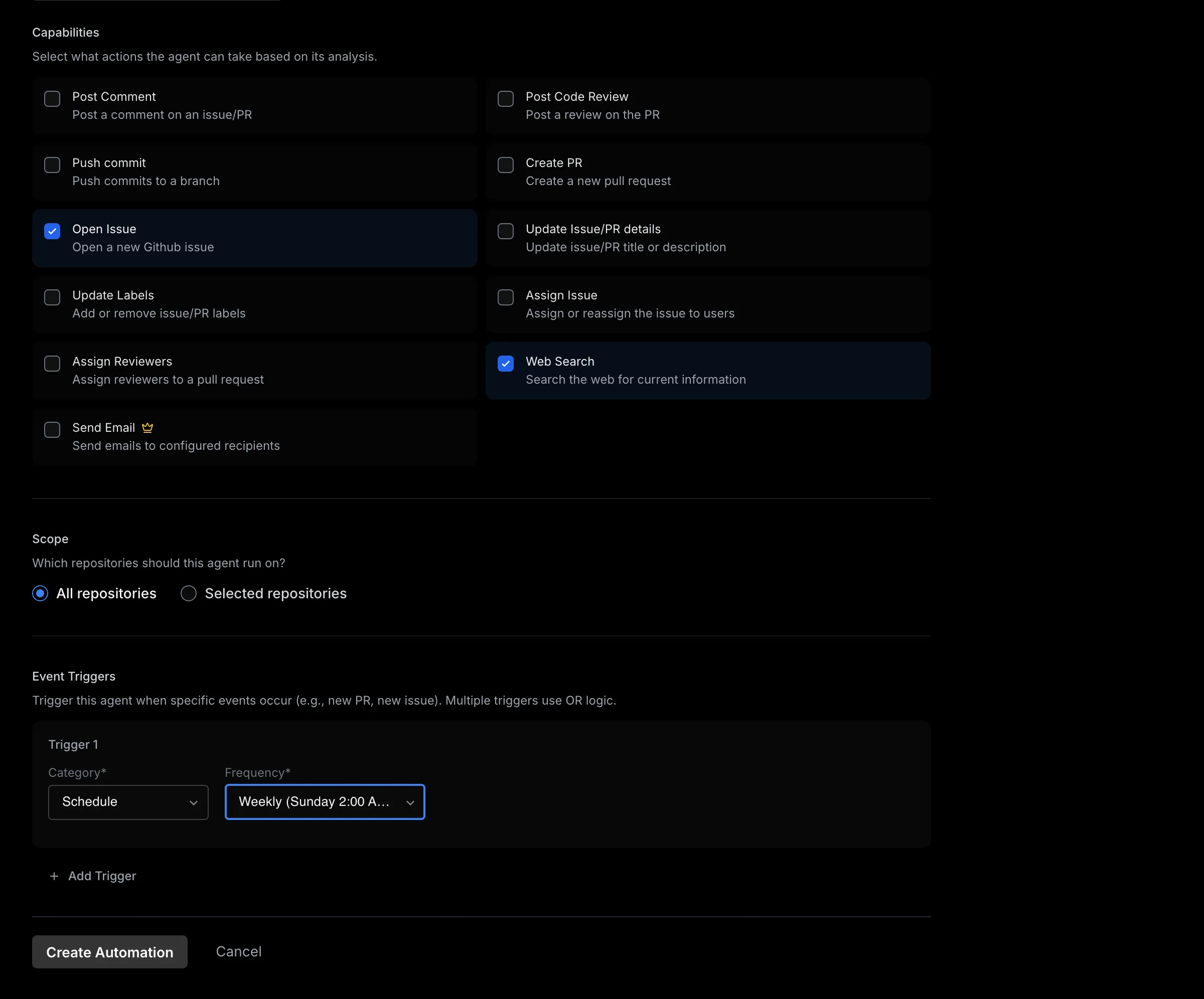 The New Automation form with capabilities, scope, and a weekly schedule trigger.