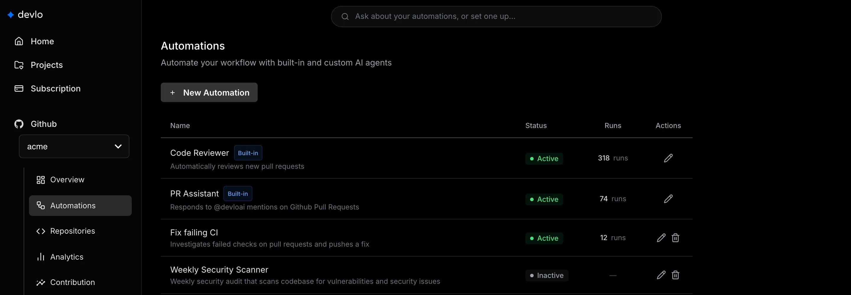 The Automations list, with the built-in automations and the inactive Weekly Security Scanner.