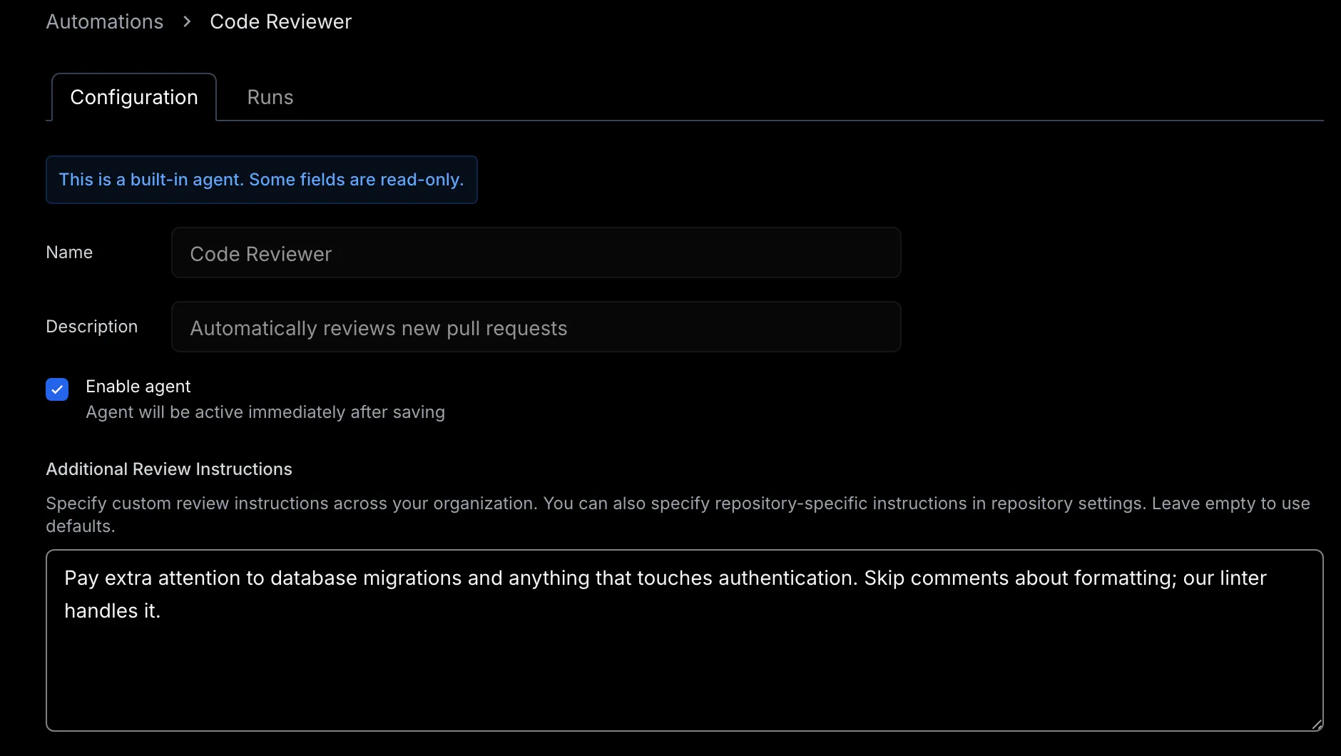 The Code Reviewer configuration with Enable agent checked and organization-wide Additional Review Instructions filled in.