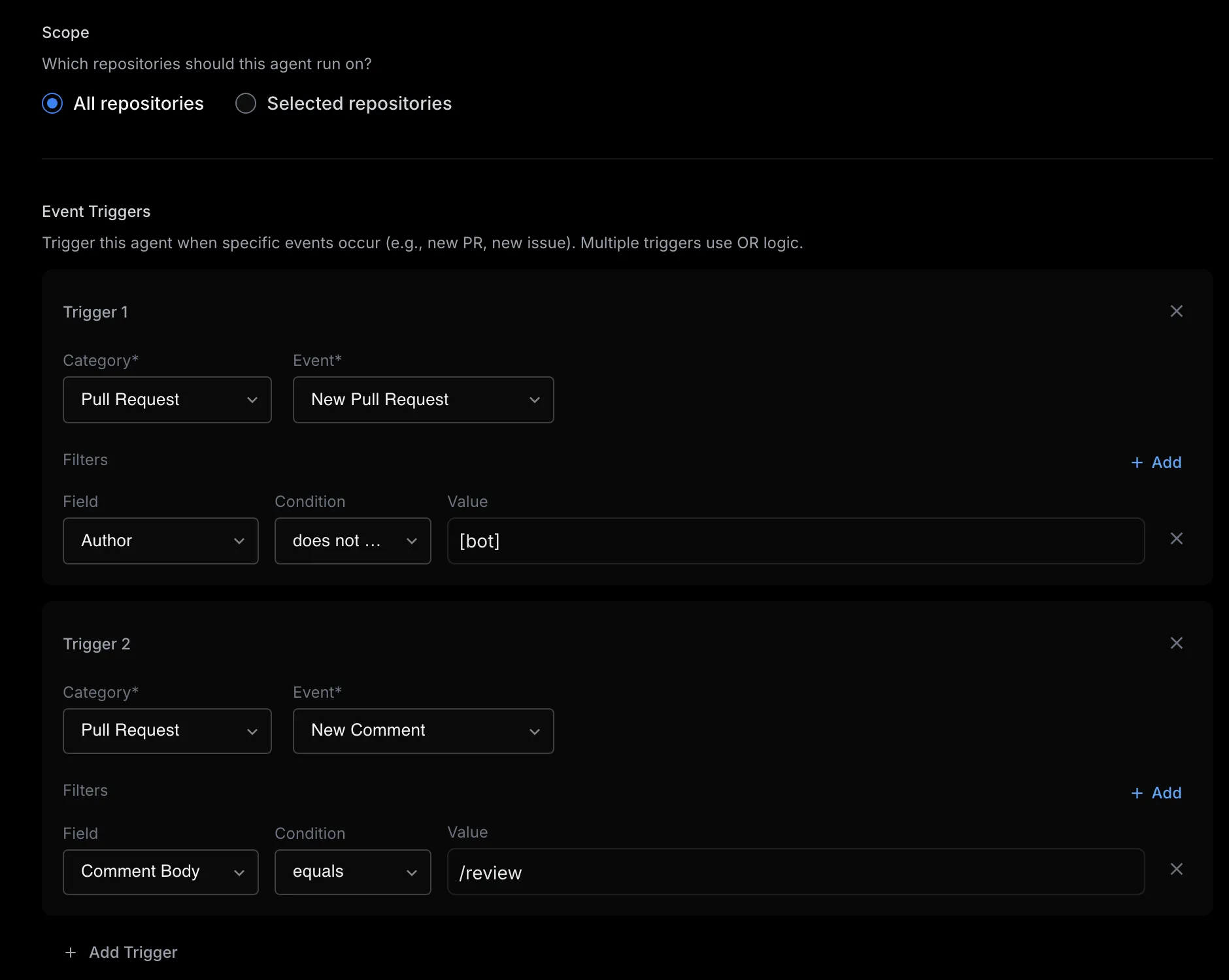 Code Reviewer scope and event triggers: New Pull Request with the filter Author does not contain [bot], and New Comment with Comment Body equals /review.