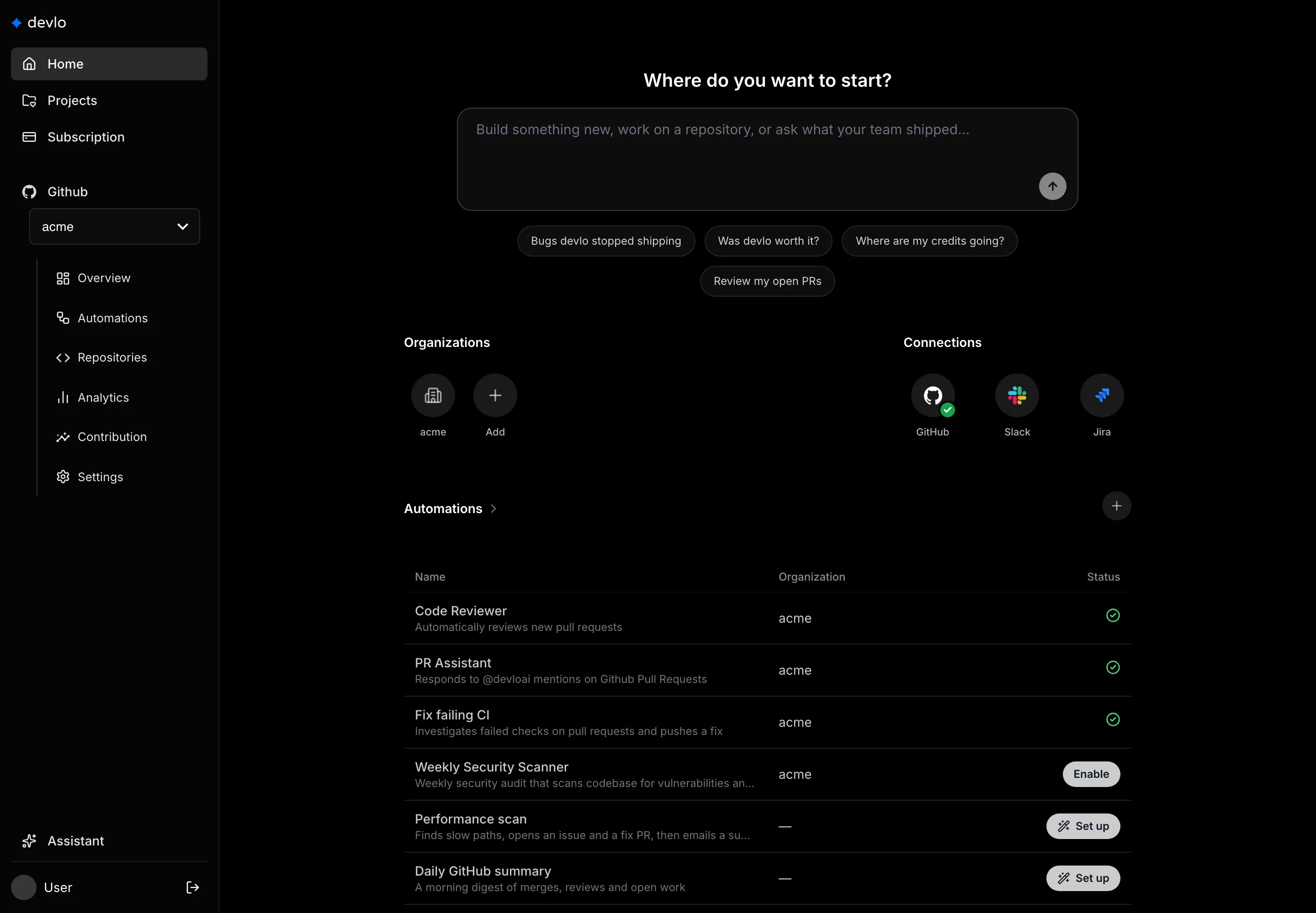 devlo Home: the Assistant's prompt box, organizations, connections, and automations, with Assistant in the sidebar.