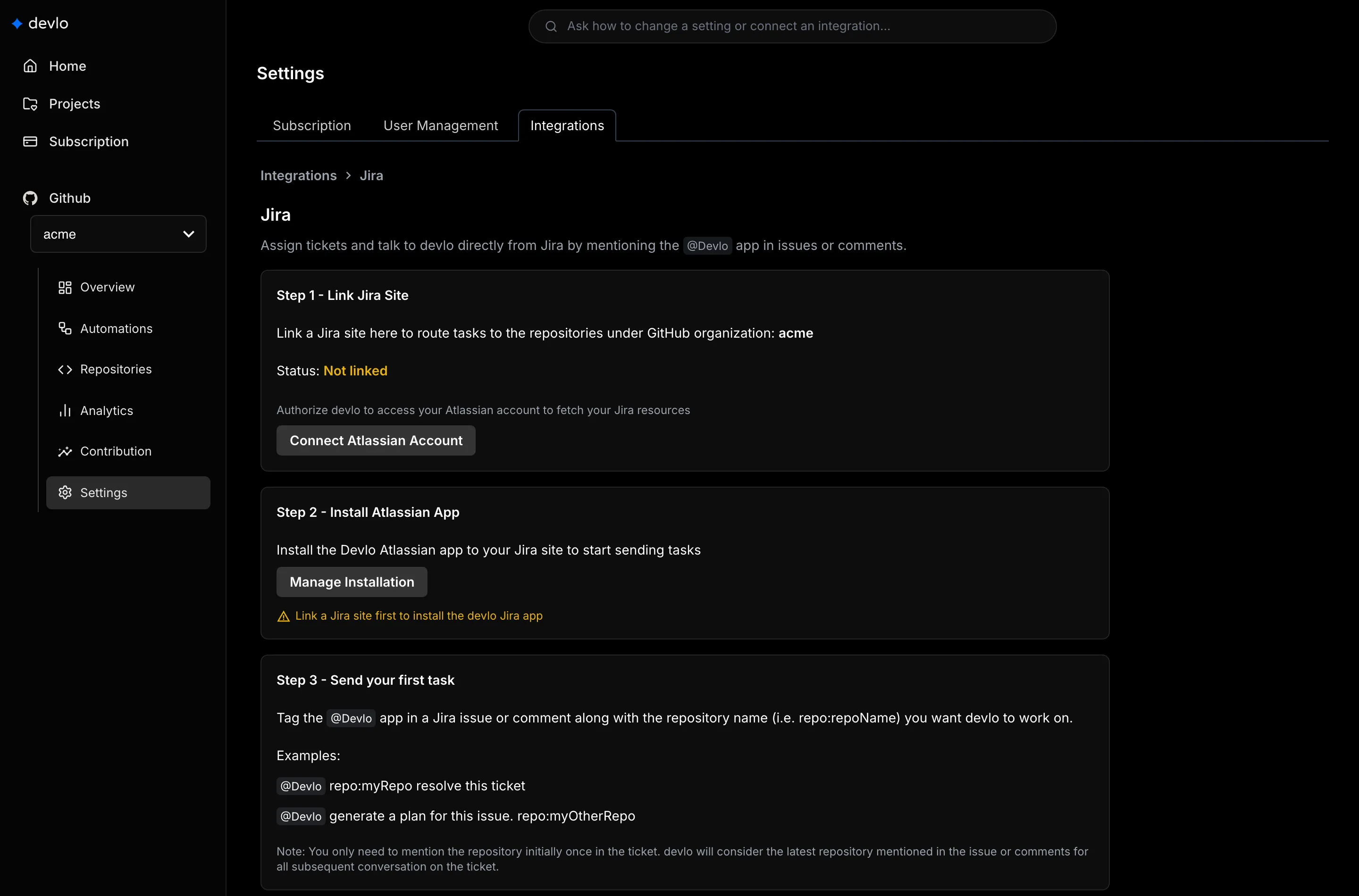 The Jira integration page with its three setup steps.