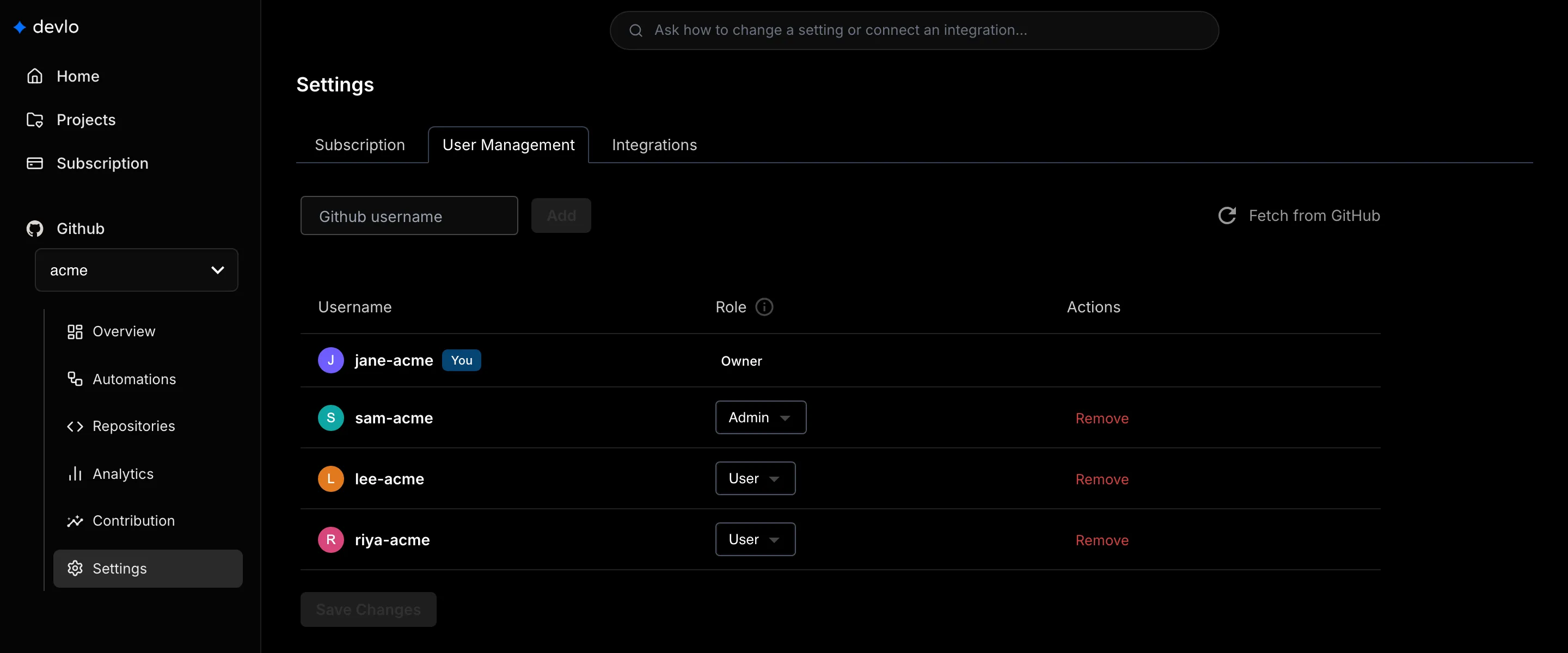 Settings > User Management listing an owner, an admin, and two users.