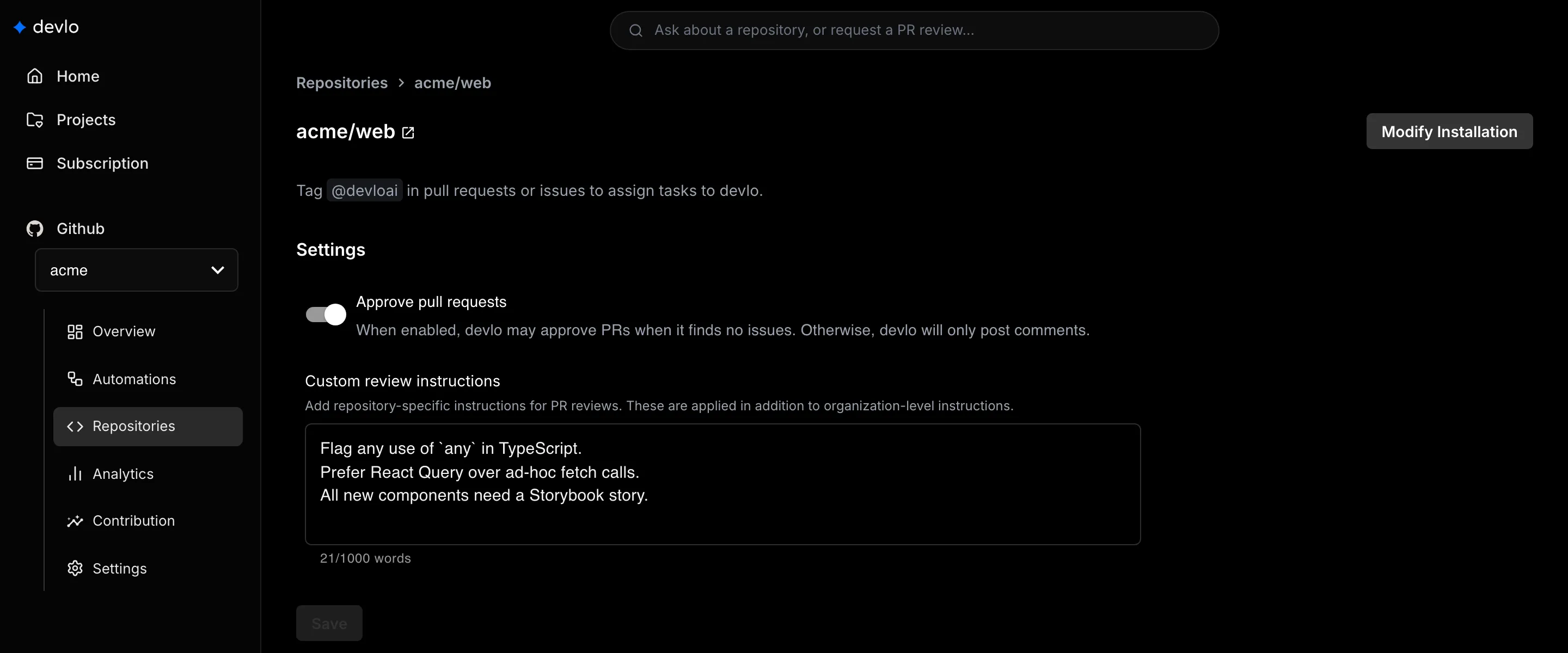 Repository settings for acme/web with the Approve pull requests toggle and Custom review instructions.