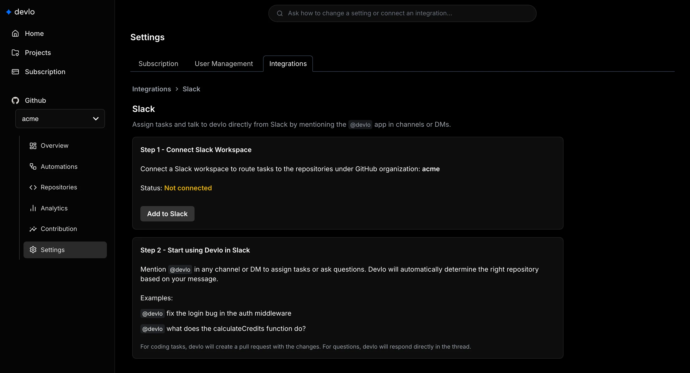 The Slack integration page with the Add to Slack button.