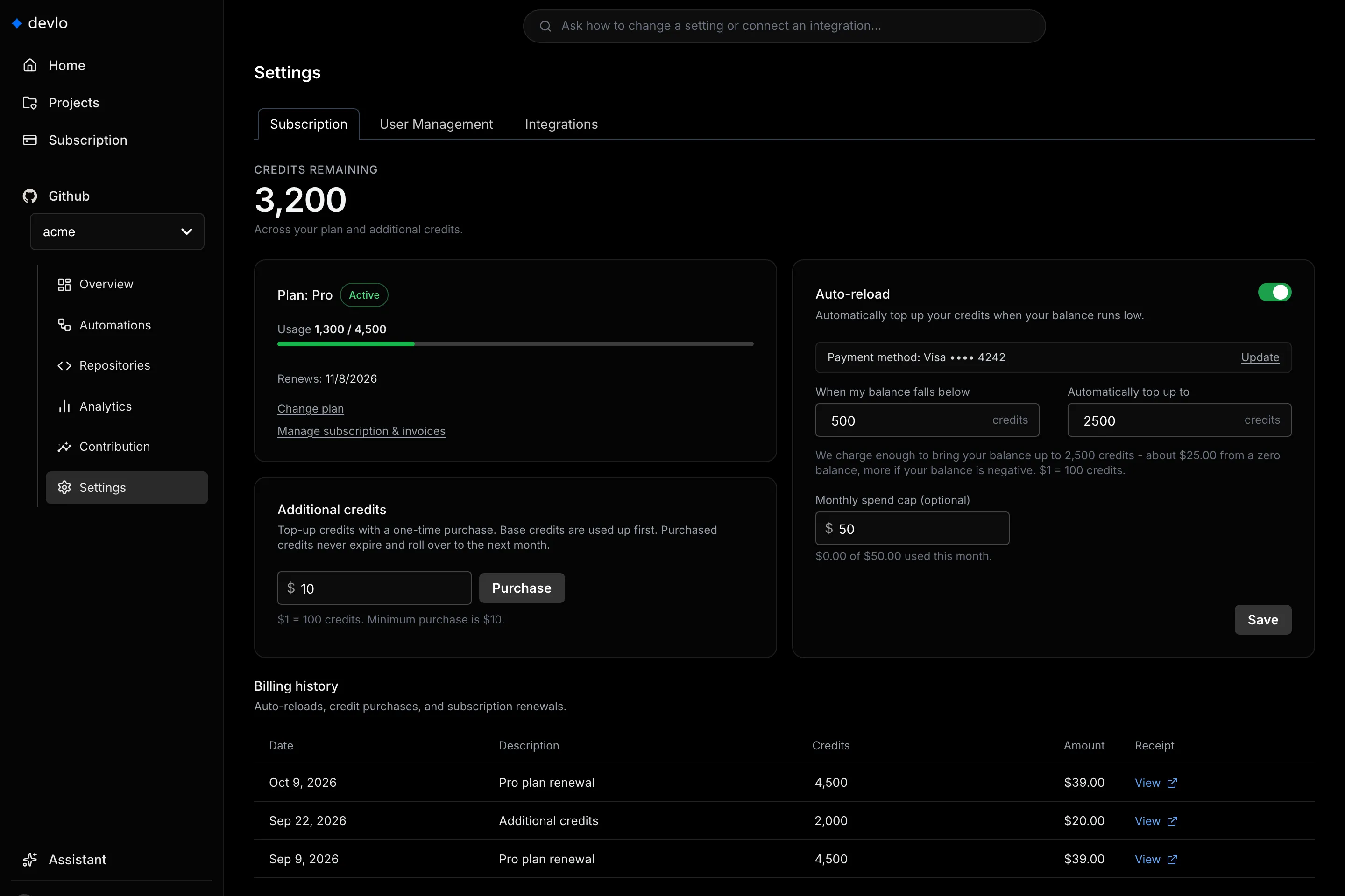 The Subscription page with credits remaining, Additional credits, Auto-reload, and Billing history.